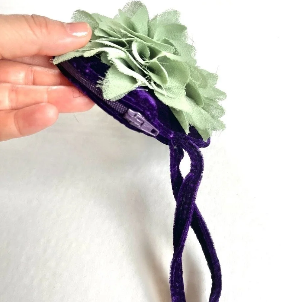 Cupcake Small Bag Wrist Clutch Wallet Velvet Flower Zip Closure Purple